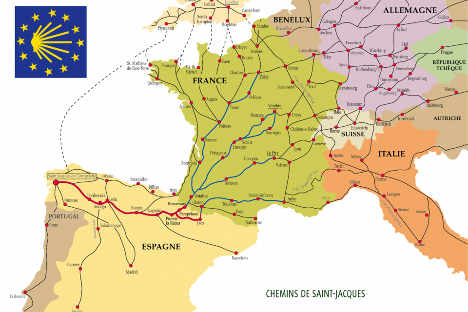 Carte montrant les chemins contemporains en Europe pour se rendre à Saint-Jacques-de-Compostelle.